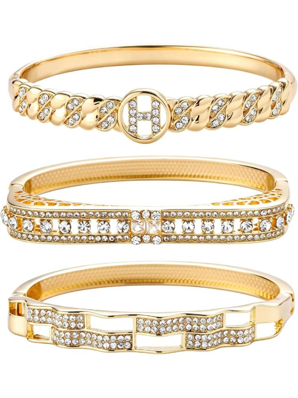 Trendy Gold Tone Bangle Bracelet Set for Women - 3 Stylish Pieces, Fashion